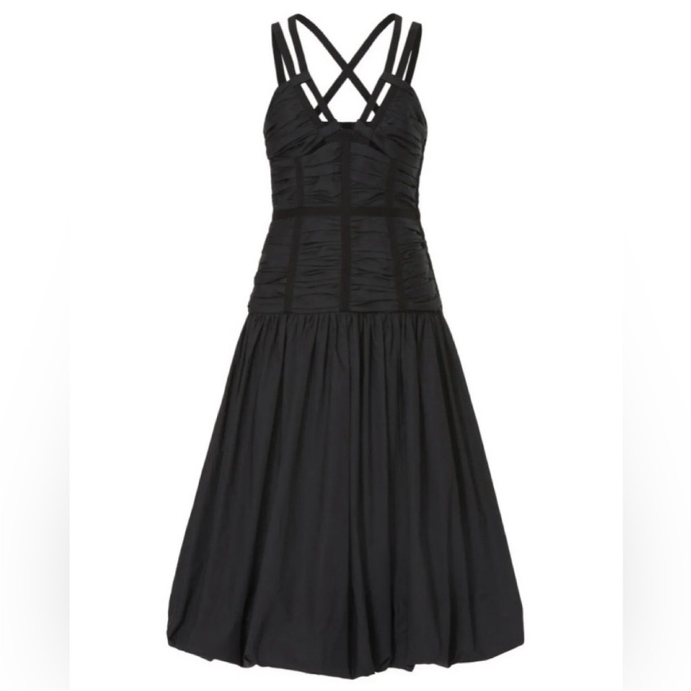 ULLA JOHNSON Kaia Black Strappy Shirred Drop Waist Midi Dress